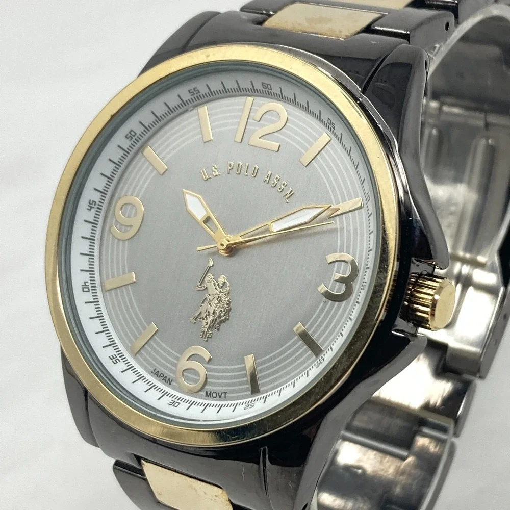 US Polo Assn Watch Men 43mm Black Gold Two Tone New Battery 8.25